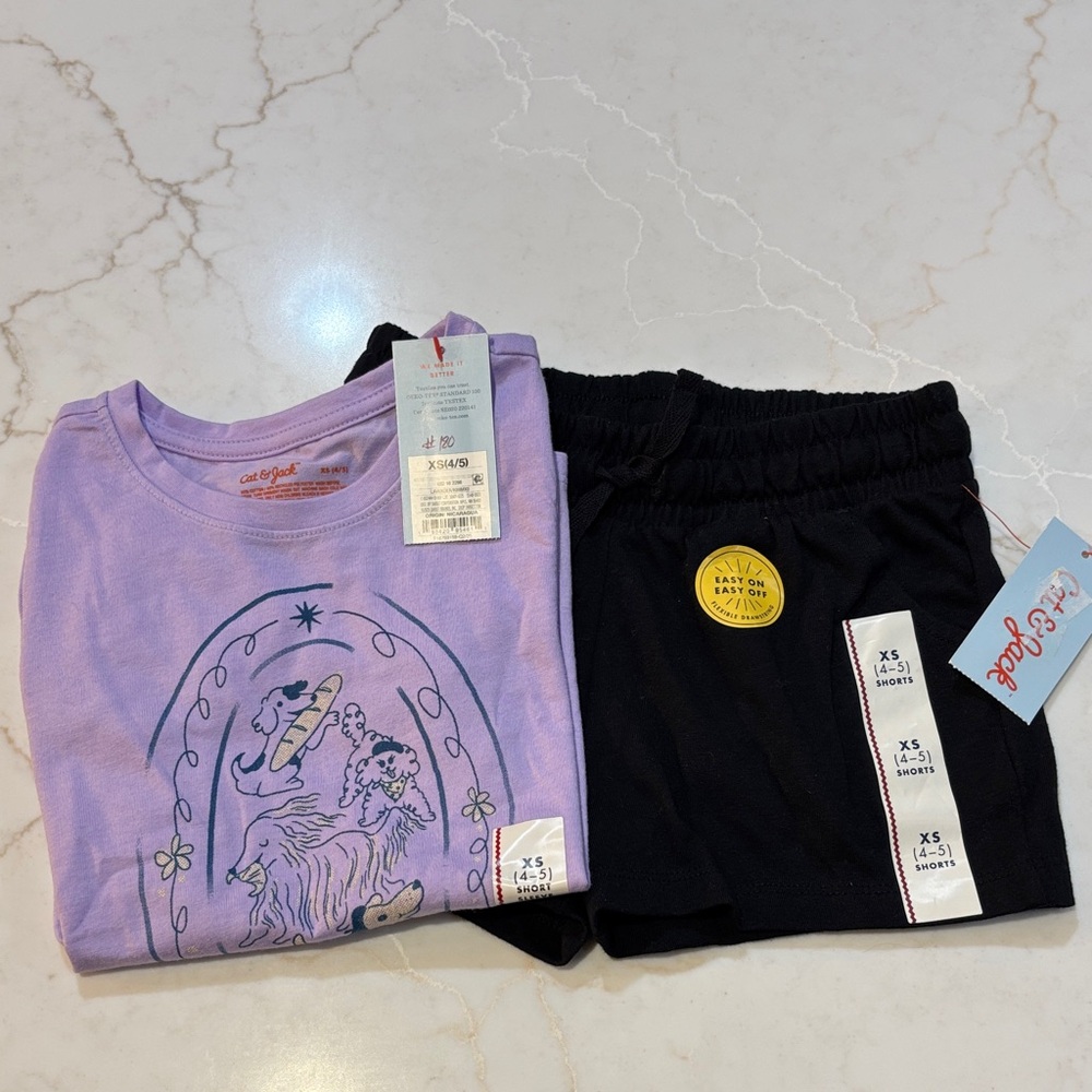Cat & Jack Lavender Tee and Black Shorts Set Girl’s Size XS (4-5) NWT